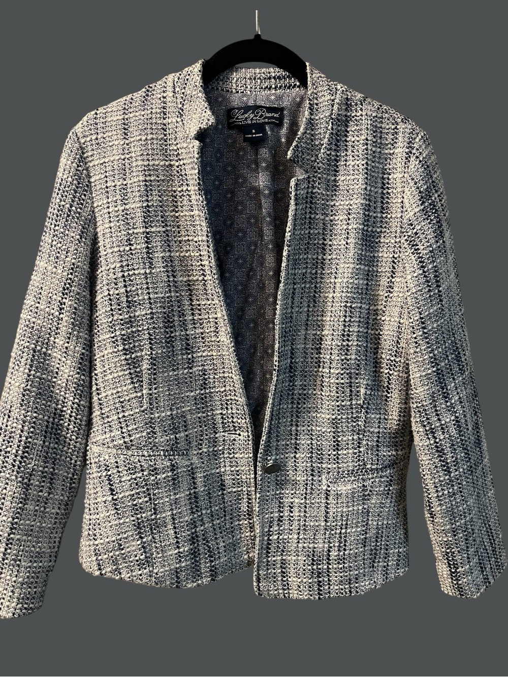 Lucky Brand Live in Love Navy Cotton Tweed Blazer / Boho Print Lining / S / NEW
